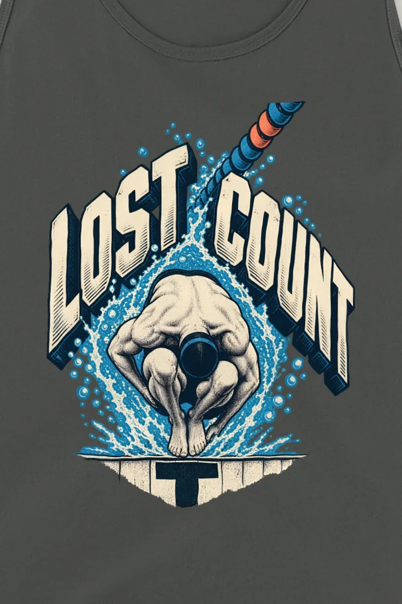 "Lost Count Swimmer Tank" Unisex Jersey Tank - the graphic up close