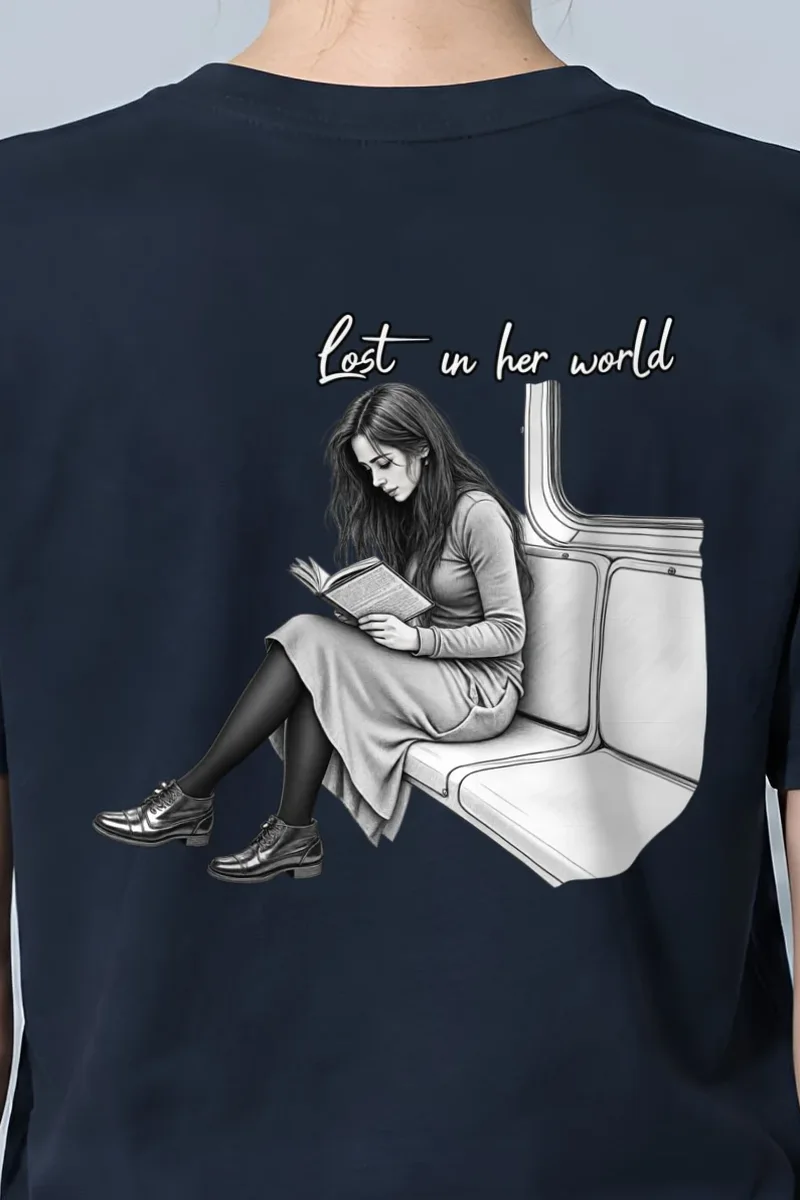 "Lost In Her World" Heavyweight Unisex Crewneck T-shirt - the graphic up close
