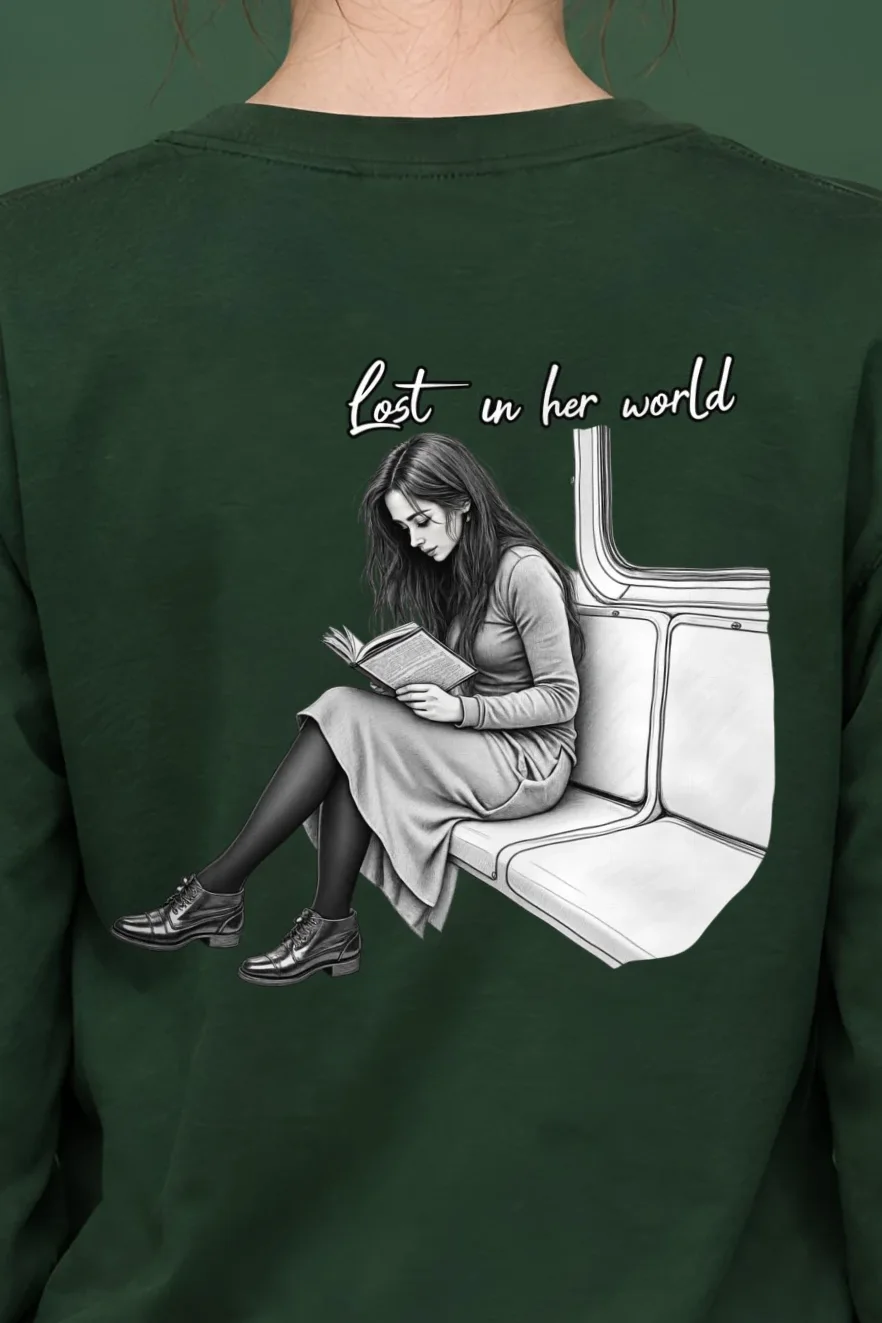"Lost In Her World" Unisex Longsleeve T-shirt - the graphic up close