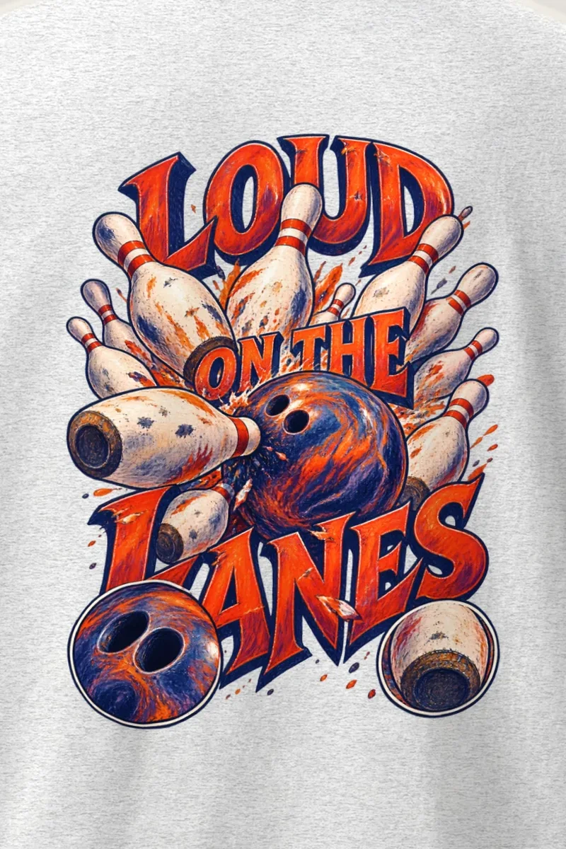 "Loud on the Lanes" Heavyweight Unisex Crewneck T-shirt - the graphic up close