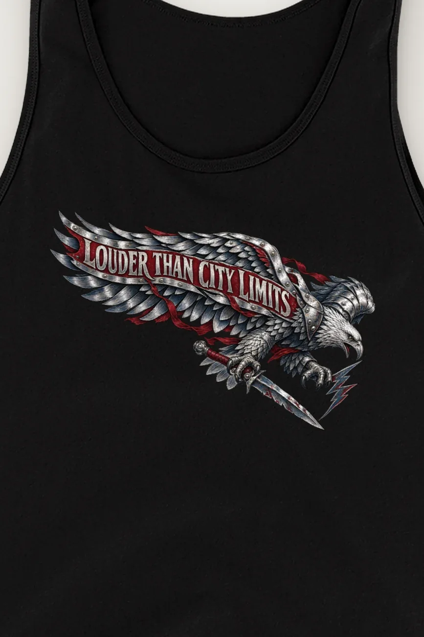 "Louder Than City Limits" Unisex Jersey Tank - the graphic up close