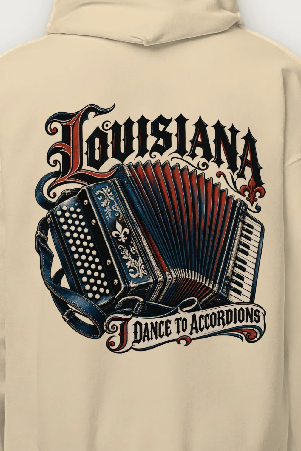 "Louisiana I Dance to Accordions" Heavy Blend Unisex Pullover Hoodie - the graphic up close