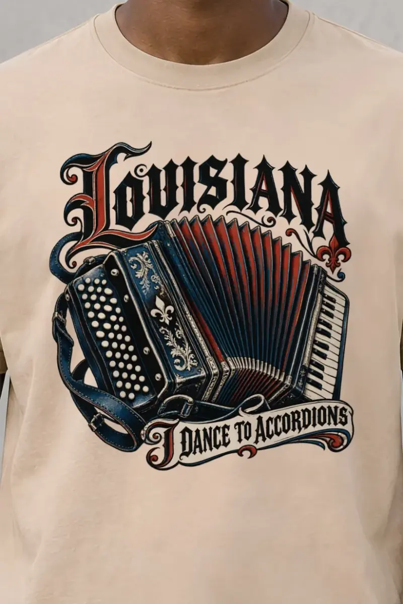 "Louisiana I Dance to Accordions" Heavyweight Unisex Crewneck T-shirt - the graphic up close