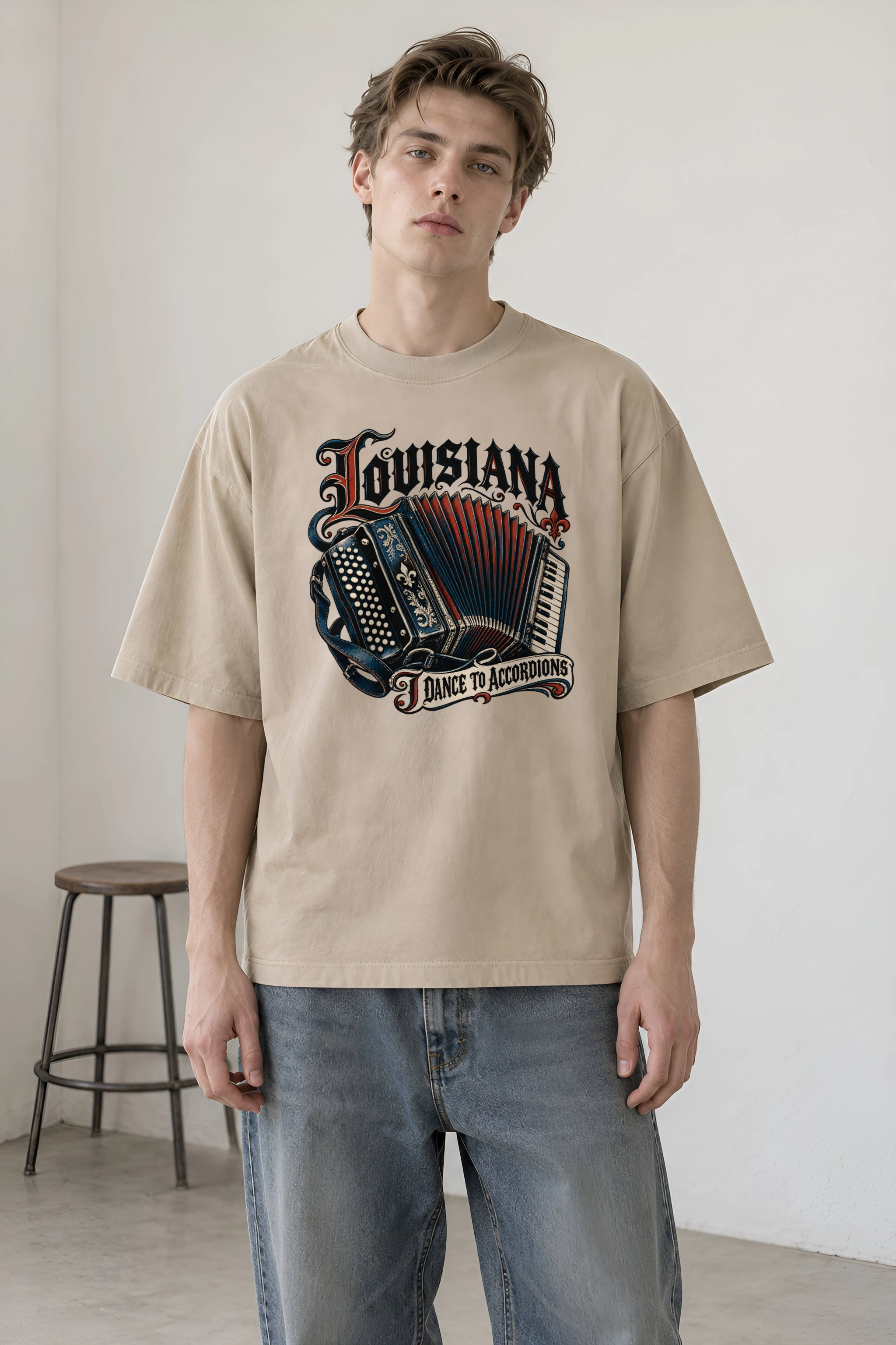 "Louisiana I Dance to Accordions" Men's Oversized Heavyweight Crewneck T-Shirt
