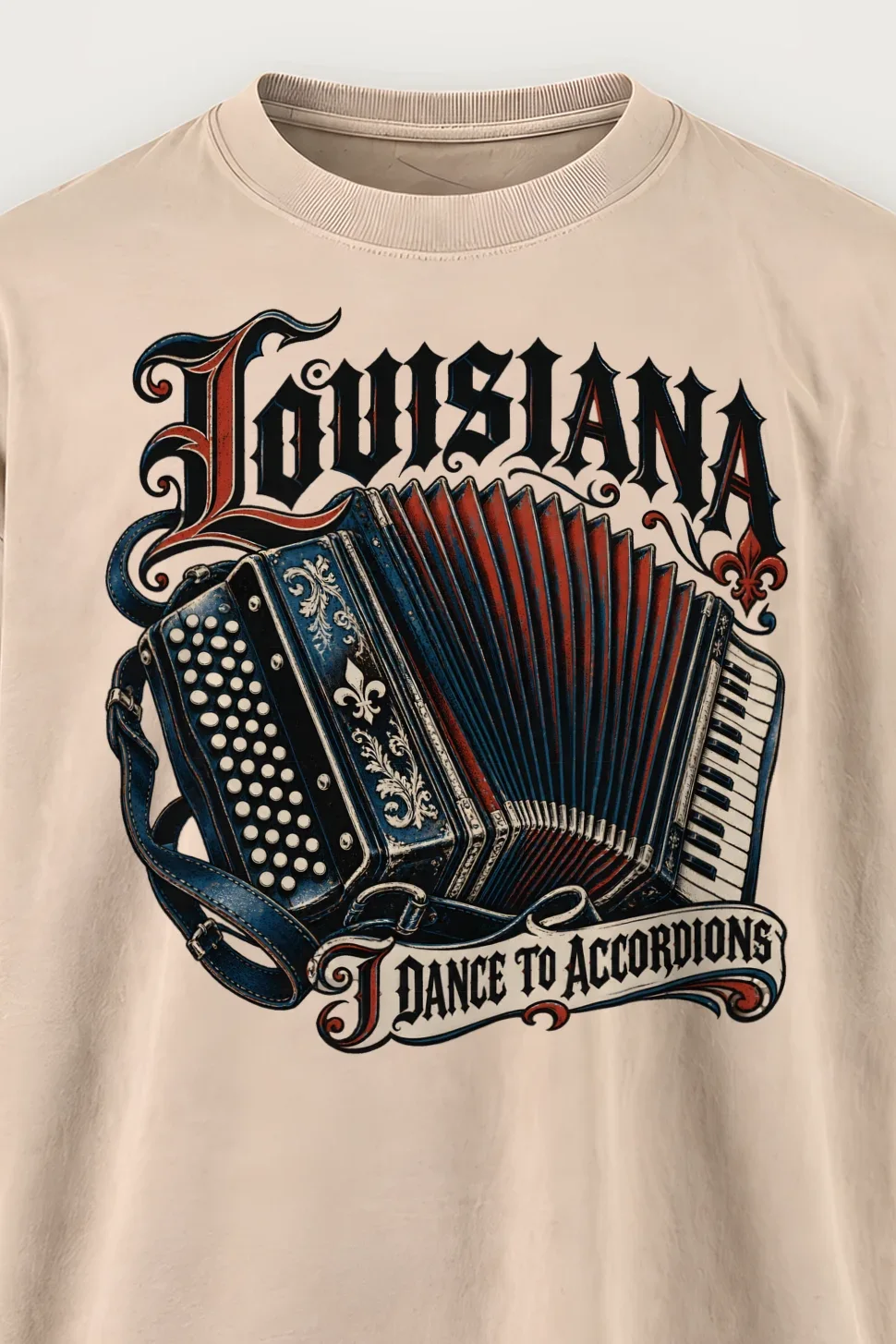 "Louisiana I Dance to Accordions" Men’s Oversized Heavyweight Crewneck T-Shirt - the graphic up close