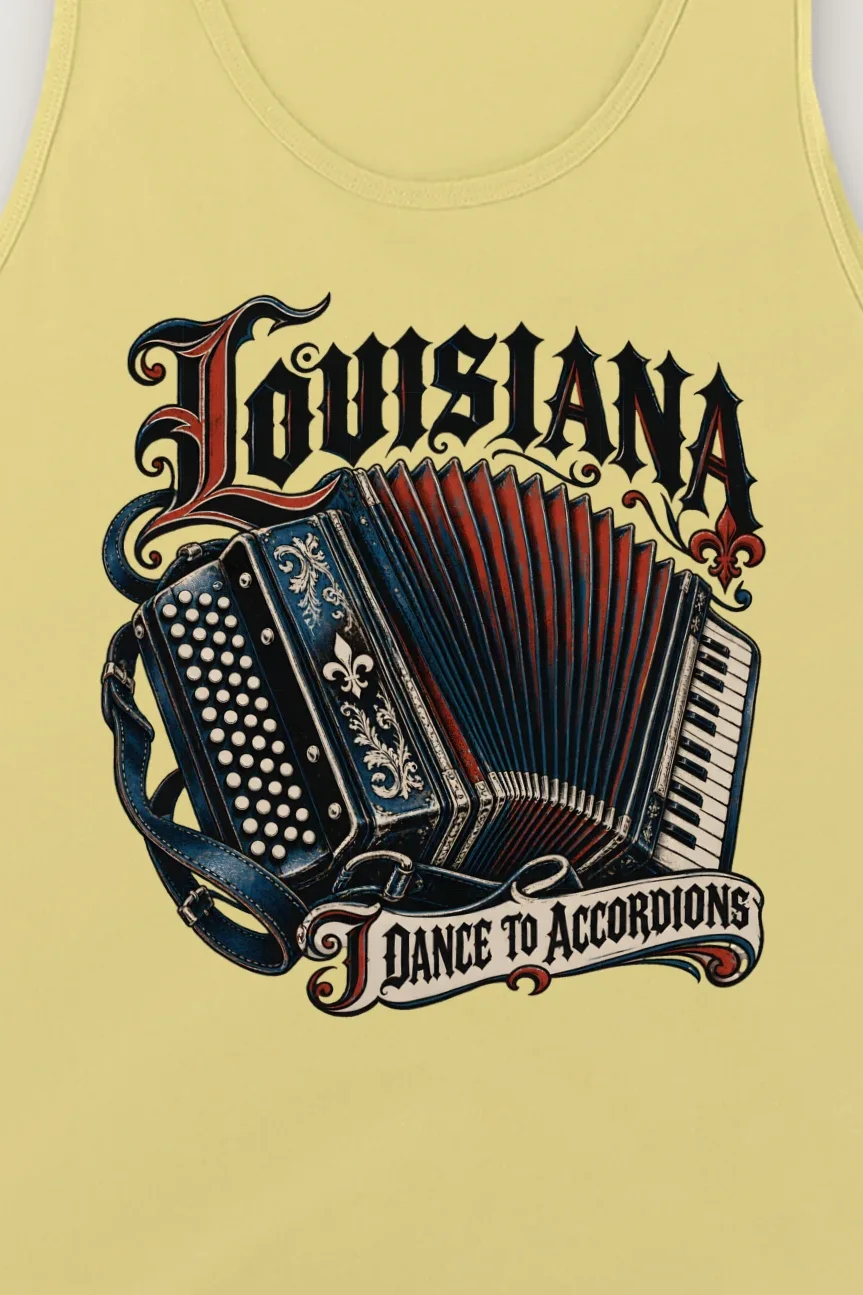 "Louisiana I Dance to Accordions" Unisex Jersey Tank - the graphic up close