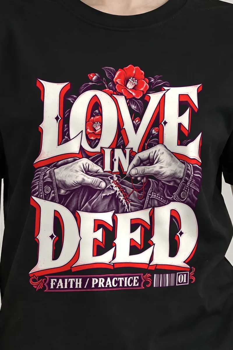 "Love In Deed" Heavyweight Unisex Crewneck T-shirt - the graphic up close