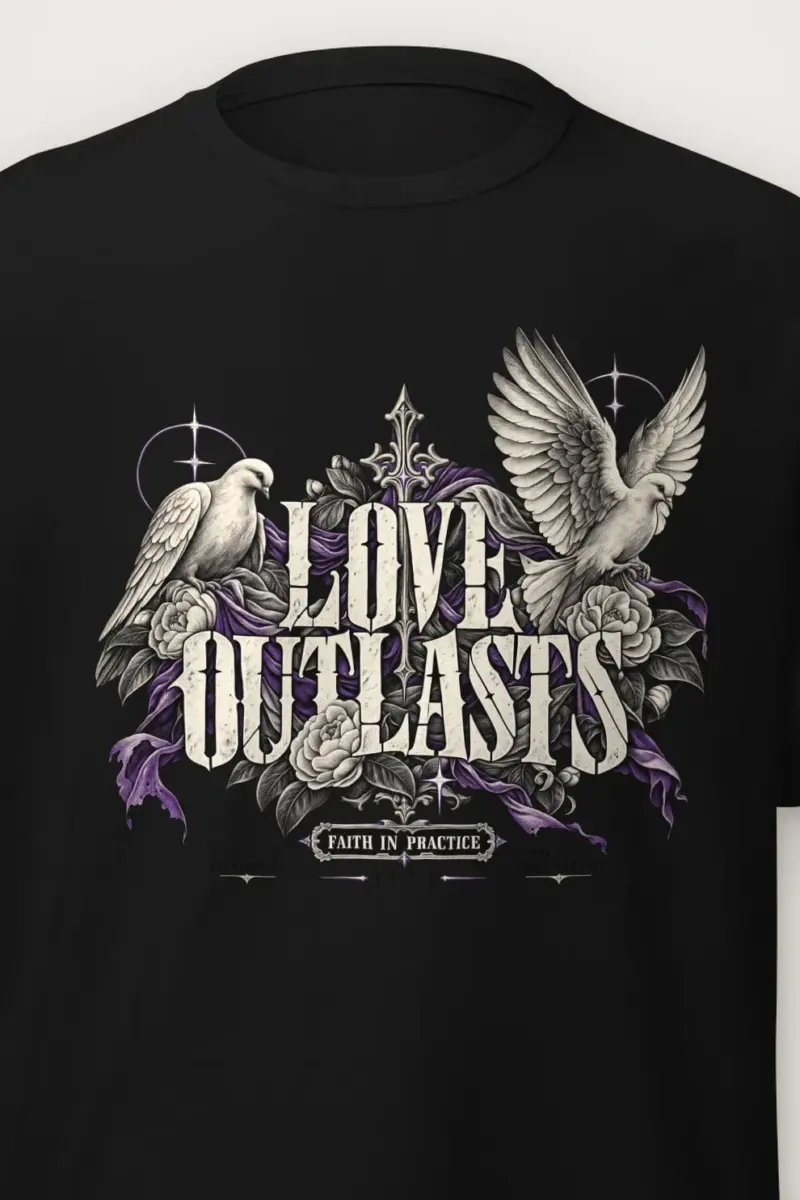 "Love Outlasts" Heavyweight Unisex Crewneck T-shirt - the graphic up close