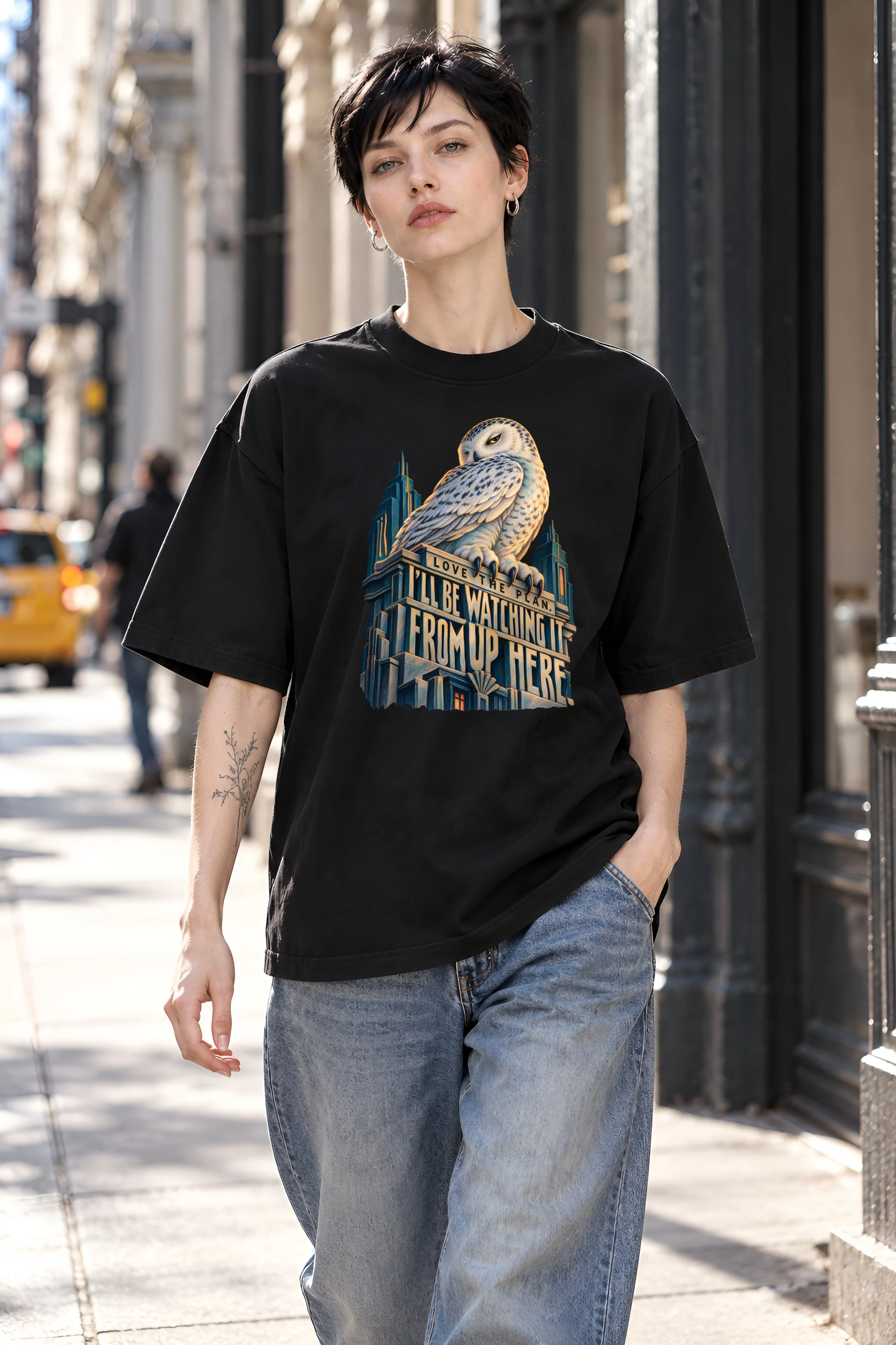 "Love the Plan Snowy Owl" Unisex Oversized Heavyweight Crewneck T-Shirt