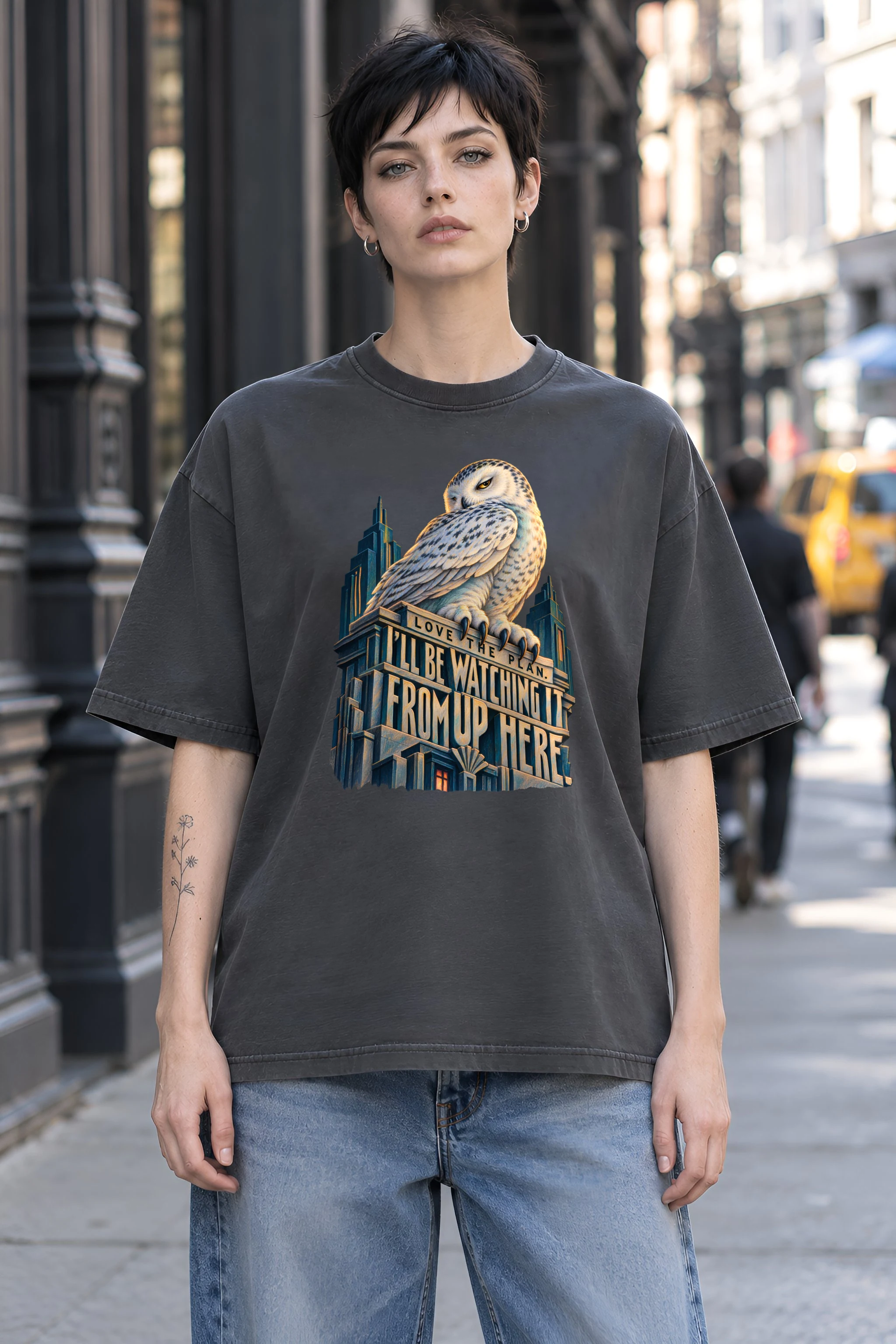 "Love the Plan Snowy Owl" Unisex Oversized Heavyweight Crewneck T-Shirt