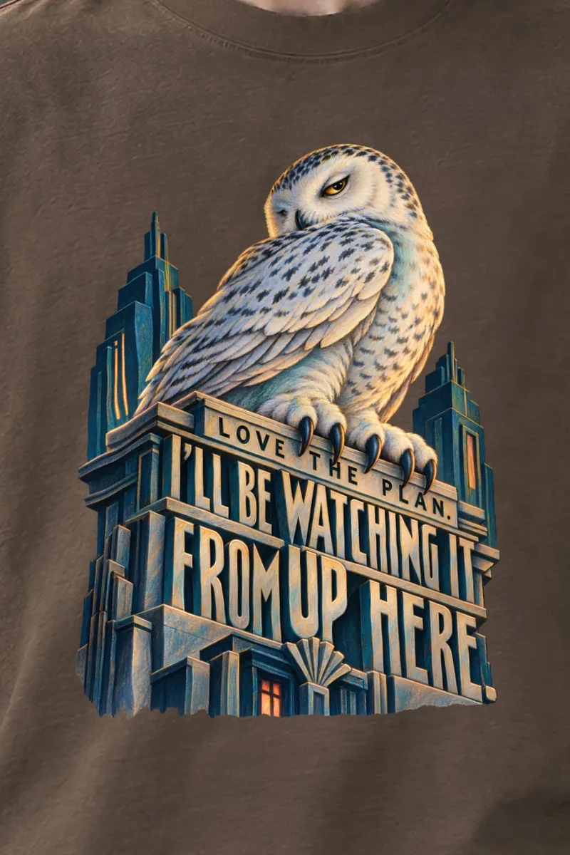 "Love the Plan Snowy Owl" Unisex Oversized Heavyweight Crewneck T-Shirt - the graphic up close
