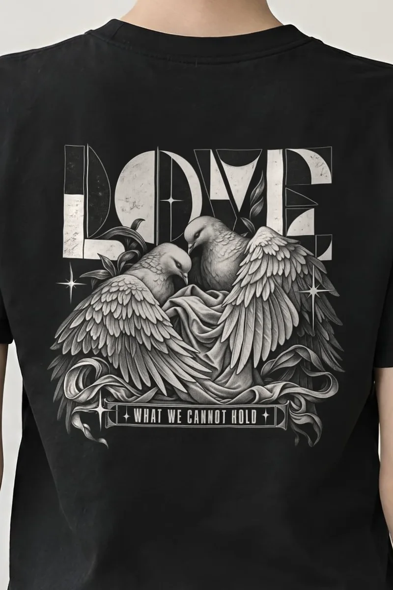 "Love What We Cannot Hold" Heavyweight Unisex Crewneck T-shirt - the graphic up close