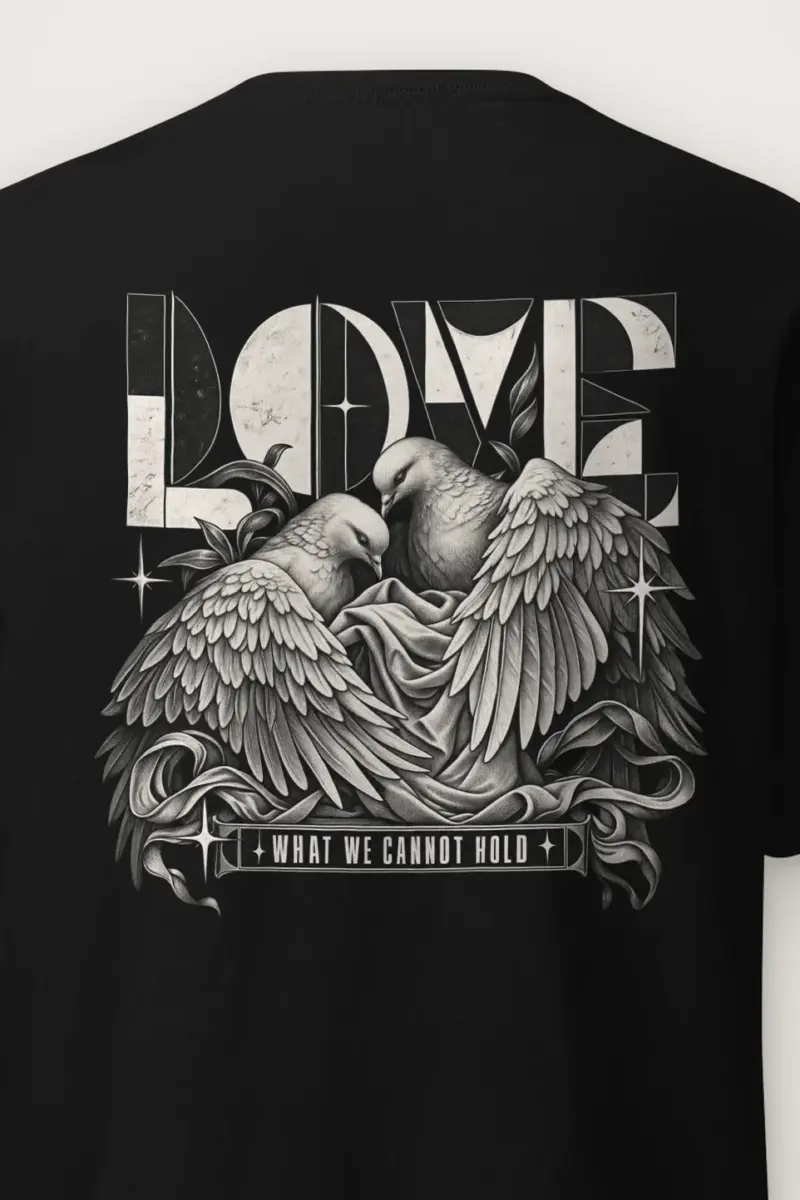 "Love What We Cannot Hold" Heavyweight Unisex Crewneck T-shirt - the graphic up close