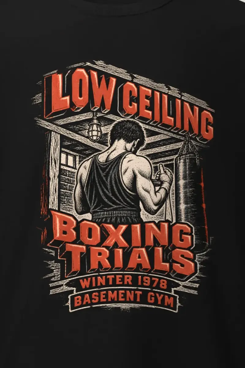 "Low Ceiling Boxing Trials" Heavyweight Unisex Crewneck T-shirt - the graphic up close