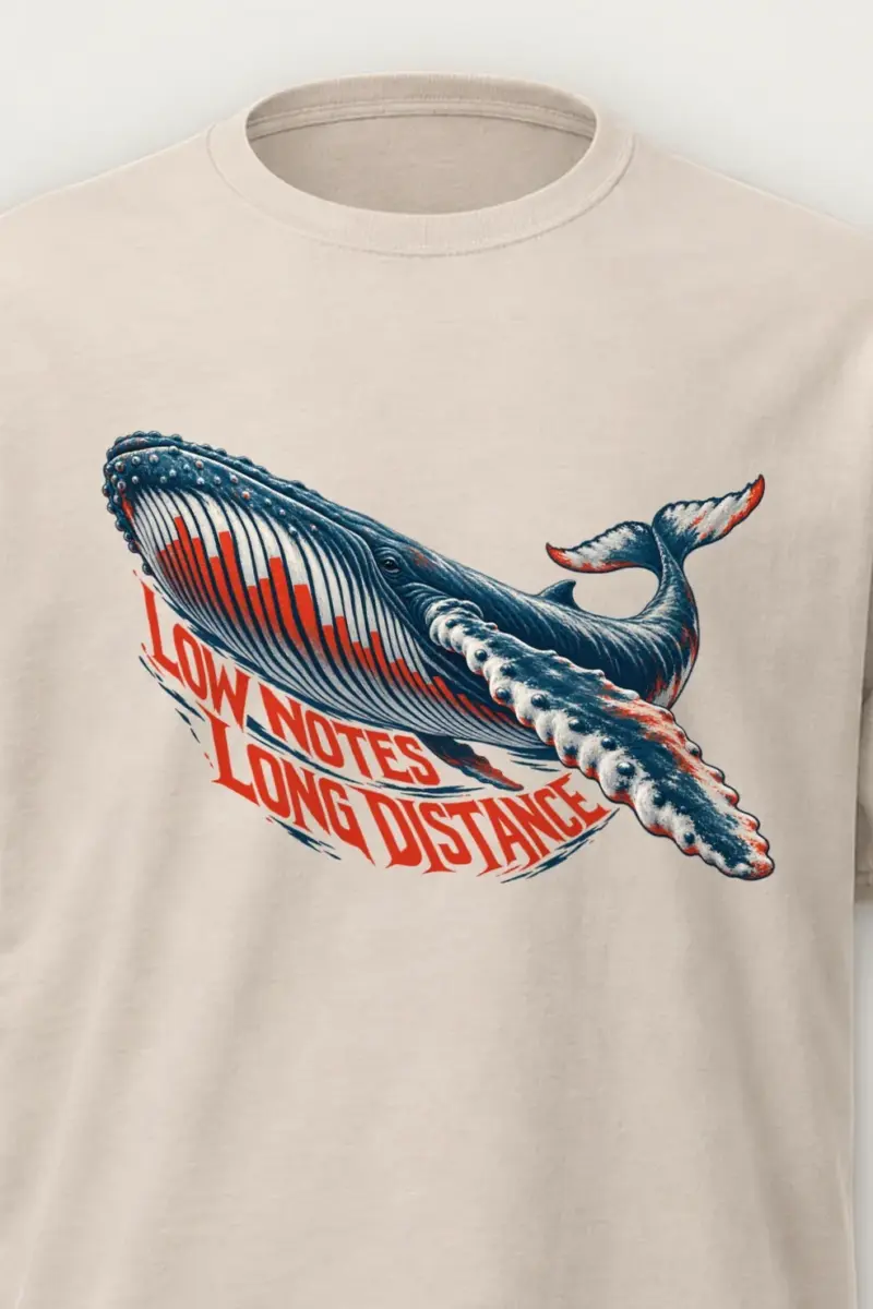 "Low Notes Long Distance" Heavyweight Unisex Crewneck T-shirt - the graphic up close