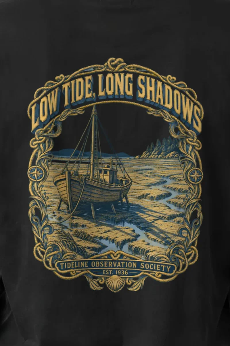 "Low Tide, Long Shadows" Unisex Longsleeve T-shirt - the graphic up close