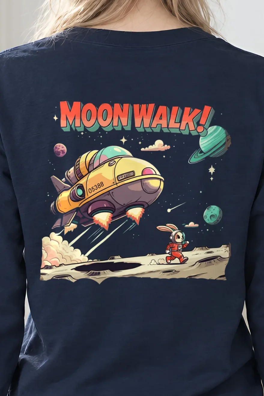 "Lunar Rabbit Rocket" Unisex Longsleeve T-shirt - the graphic up close