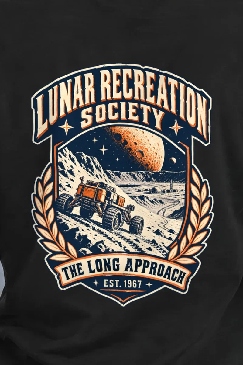 "Lunar Recreation Society" Heavyweight Unisex Crewneck T-shirt - the graphic up close