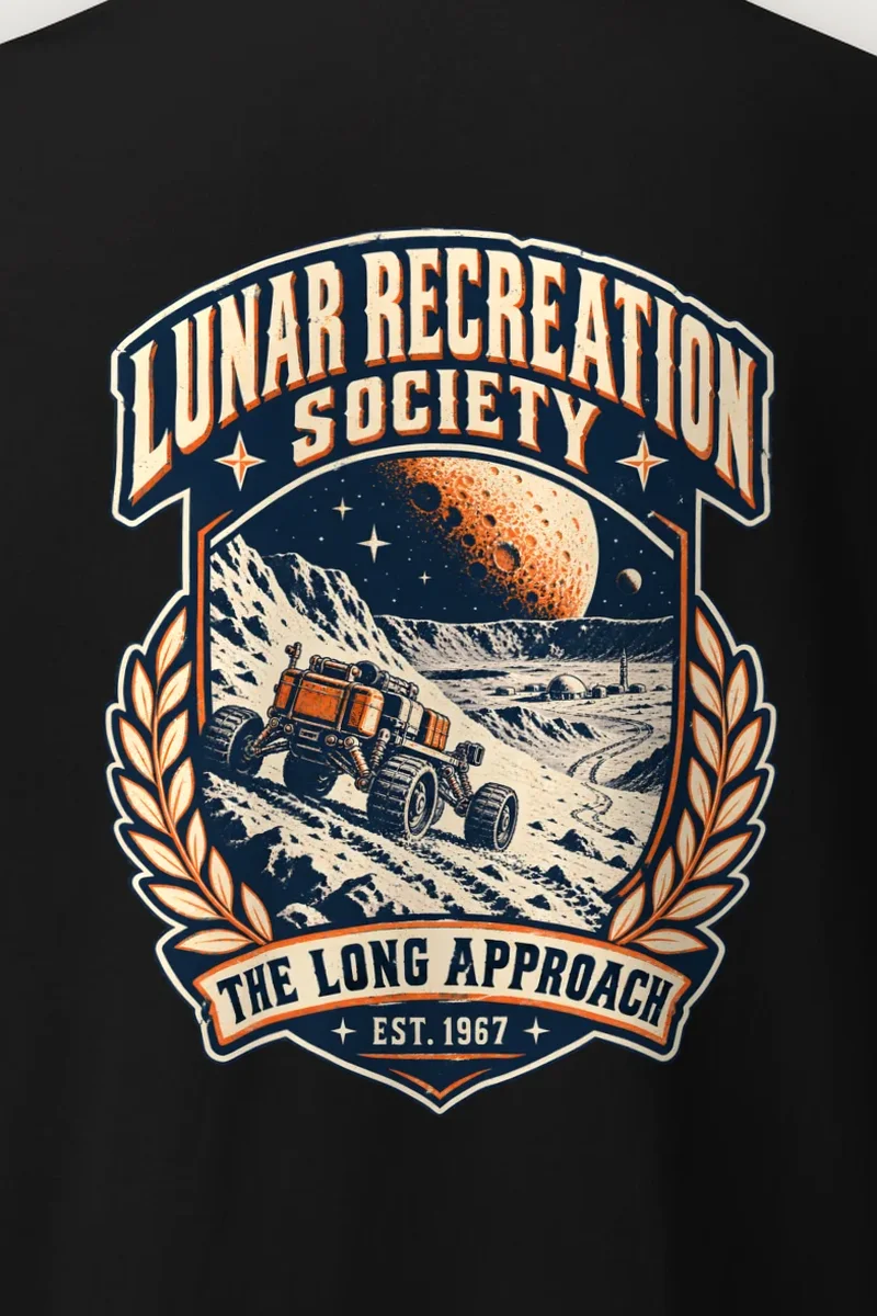 "Lunar Recreation Society" Heavyweight Unisex Crewneck T-shirt - the graphic up close