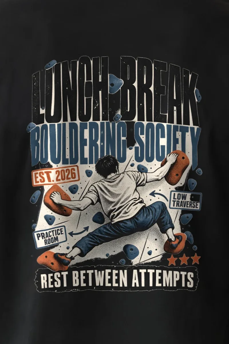 "Lunch Break Bouldering Society" Heavyweight Unisex Crewneck T-shirt - the graphic up close