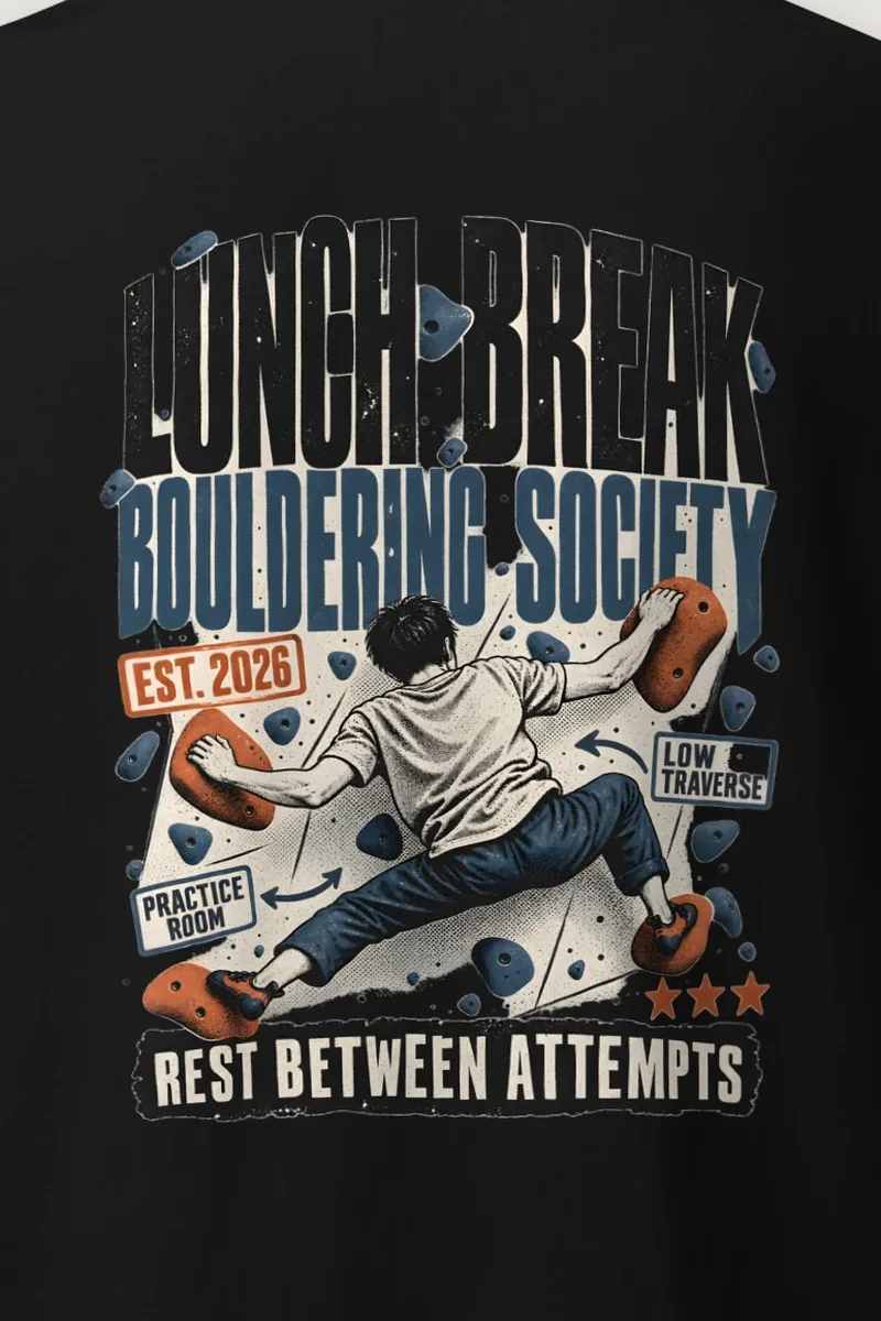 "Lunch Break Bouldering Society" Heavyweight Unisex Crewneck T-shirt - the graphic up close