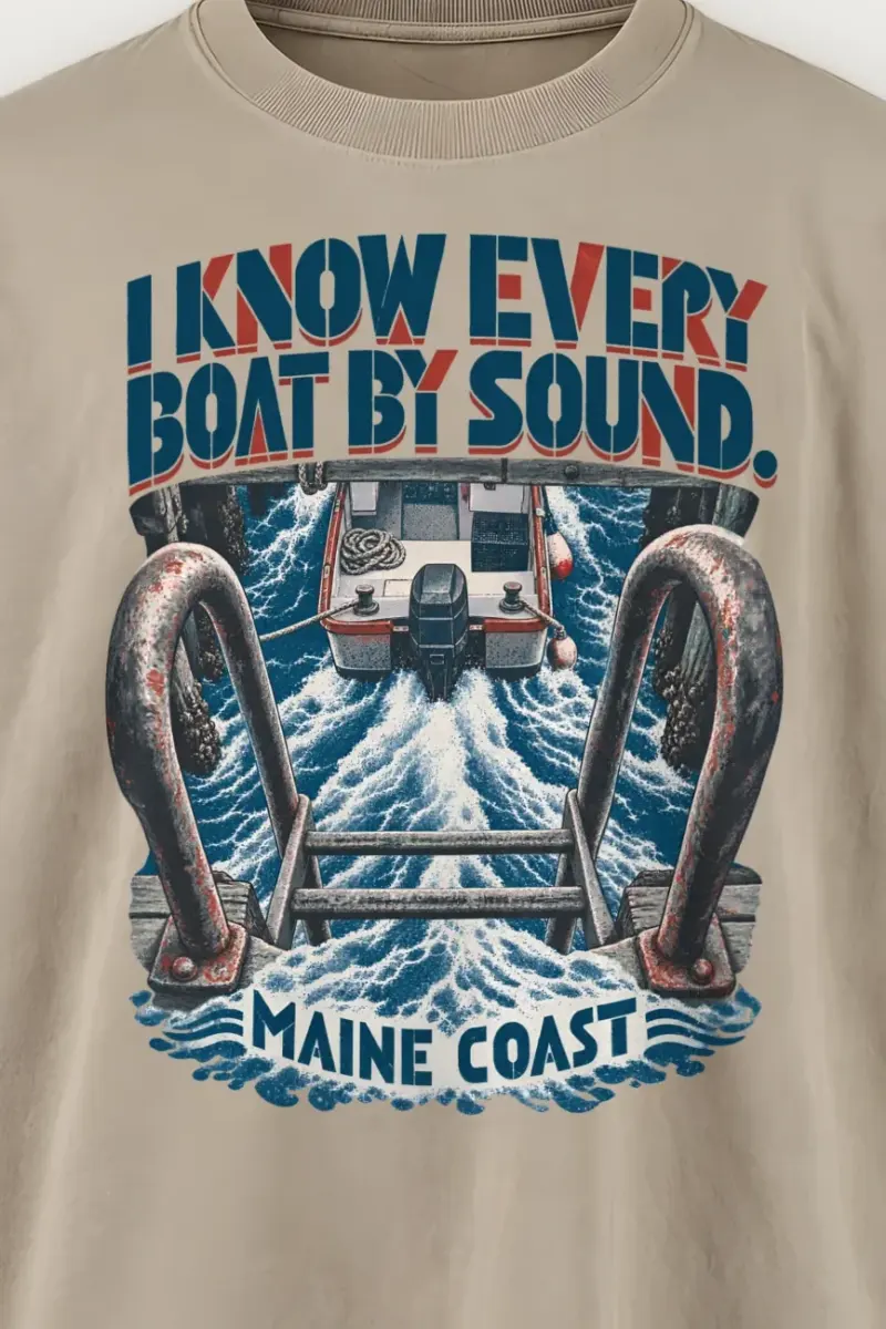 "Maine Coast Wake" Men’s Oversized Heavyweight Crewneck T-Shirt - the graphic up close