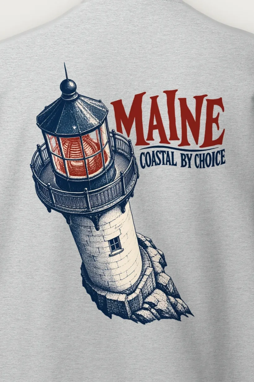 "Maine Coastal by Choice" Heavy Blend Unisex Crewneck Sweatshirt - the graphic up close