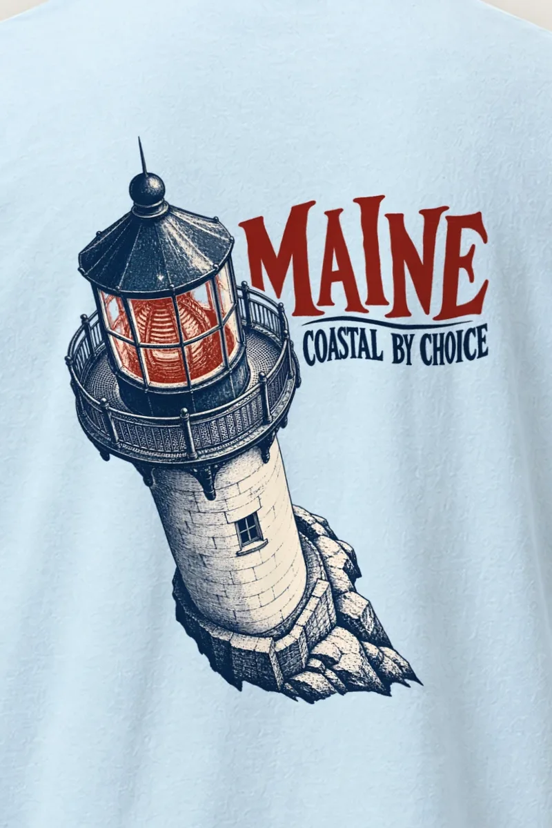 "Maine, Coastal by Choice" Heavyweight Unisex Crewneck T-shirt - the graphic up close