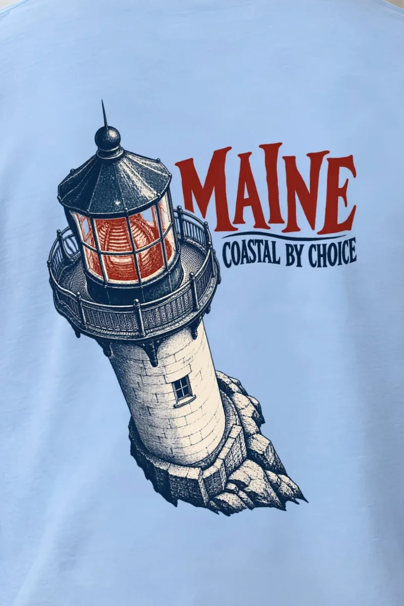 "Maine, Coastal by Choice" Unisex Longsleeve T-shirt - the graphic up close
