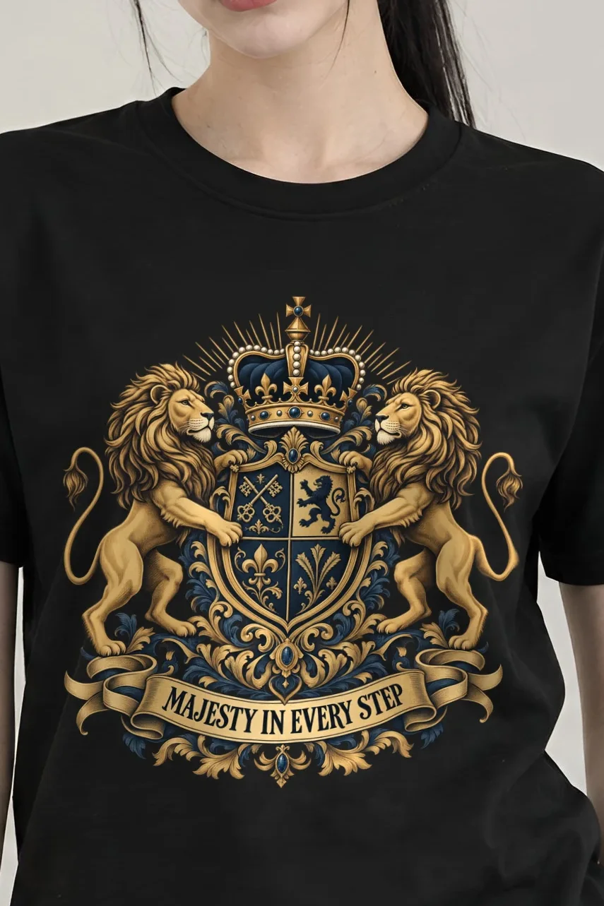 "Majesty In Every Step" Heavyweight Unisex Crewneck T-shirt - the graphic up close