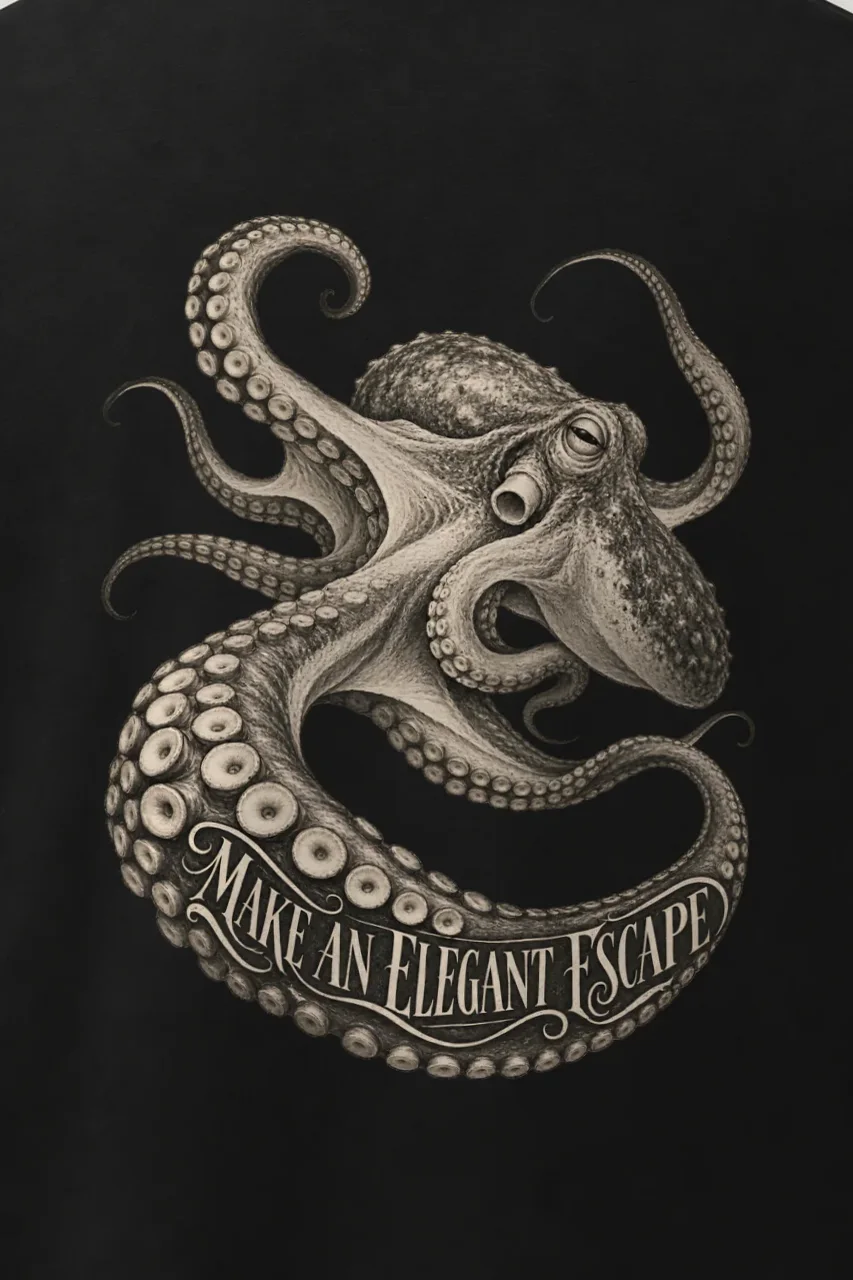 "Make an Elegant Escape" Men’s Oversized Heavyweight Crewneck T-Shirt - the graphic up close