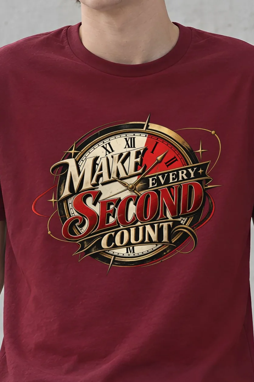 "Make Every Second Count" Heavyweight Unisex Crewneck T-shirt - the graphic up close