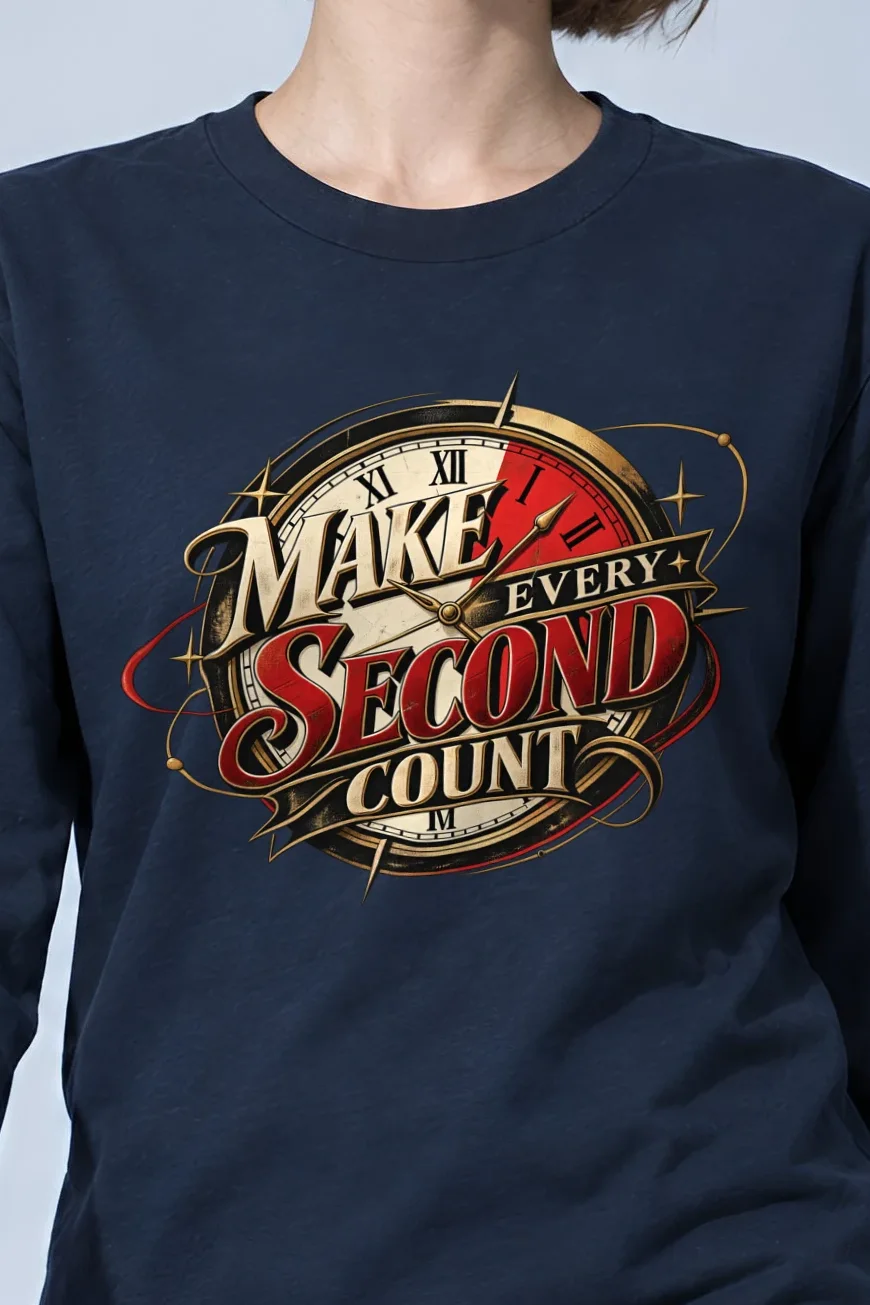 "Make Every Second Count" Unisex Longsleeve T-shirt - the graphic up close