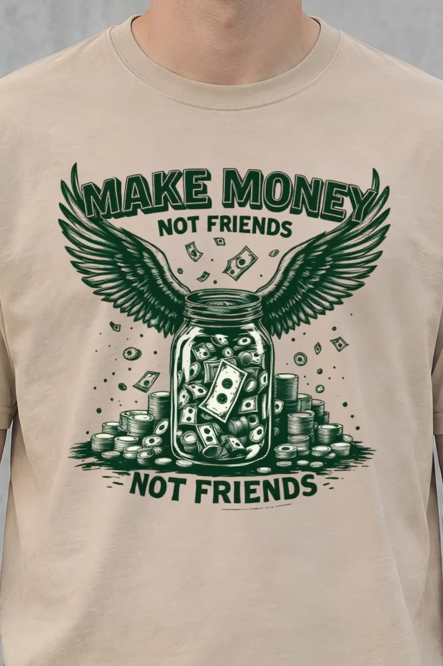 "Make Money Not Friends" Heavyweight Unisex Crewneck T-shirt - the graphic up close