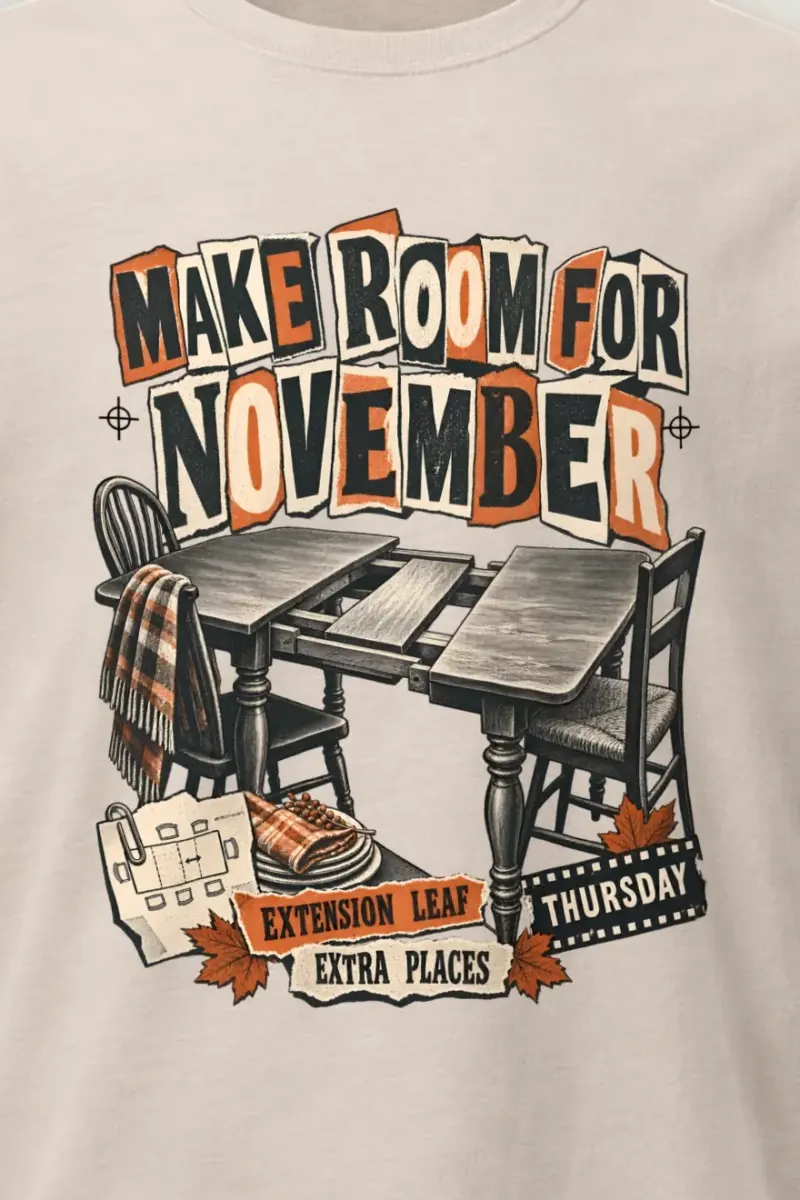 "Make Room for November" Heavyweight Unisex Crewneck T-shirt - the graphic up close