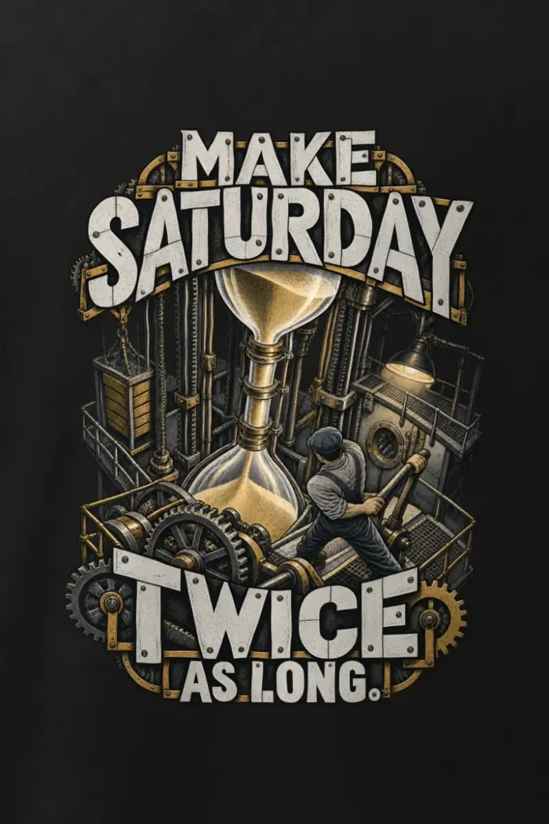 "Make Saturday Twice As Long" Men’s Oversized Heavyweight Crewneck T-Shirt - the graphic up close