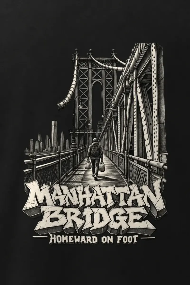 "Manhattan Bridge Homeward On Foot" Men’s Oversized Heavyweight Crewneck T-Shirt - the graphic up close