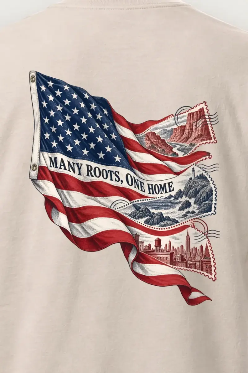"Many Roots, One Home" Heavyweight Unisex Crewneck T-shirt - the graphic up close