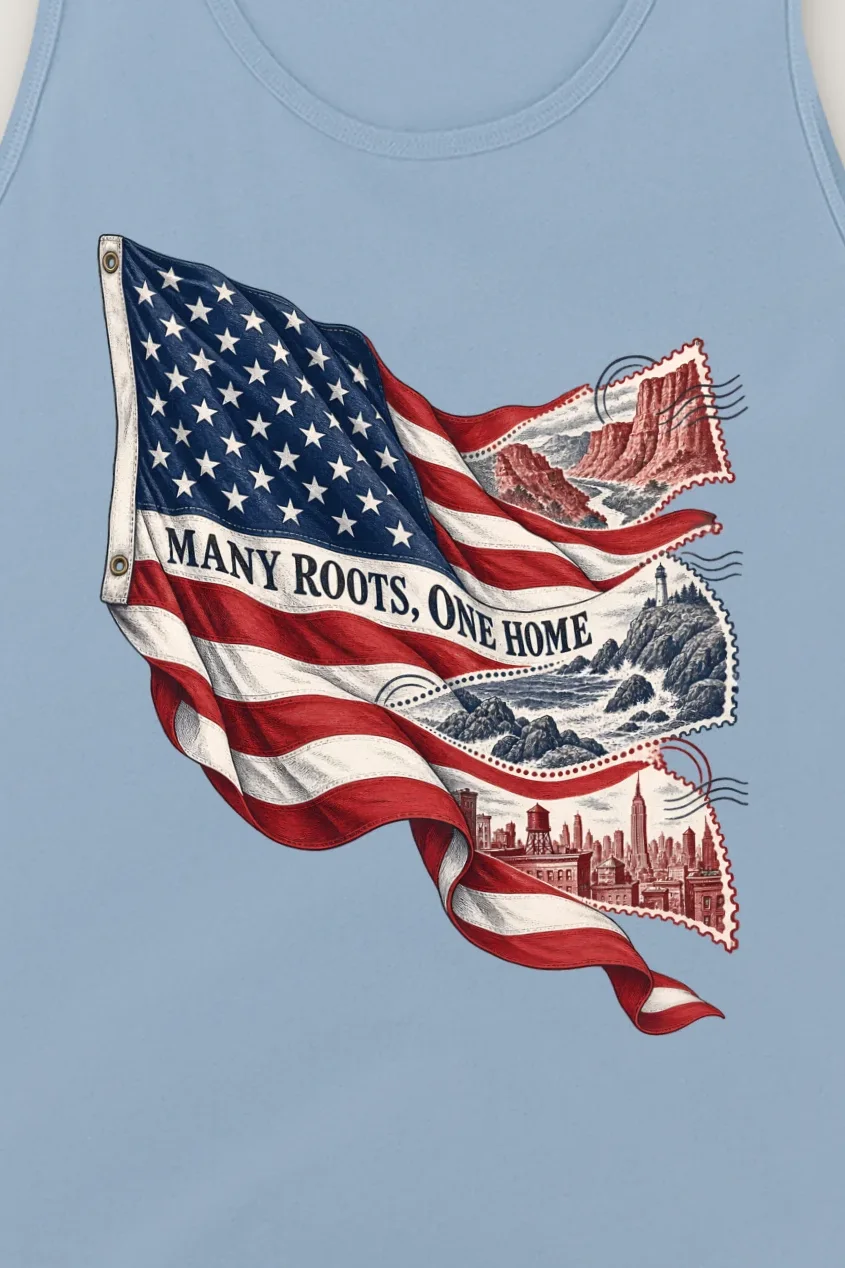 "Many Roots, One Home" Unisex Jersey Tank - the graphic up close