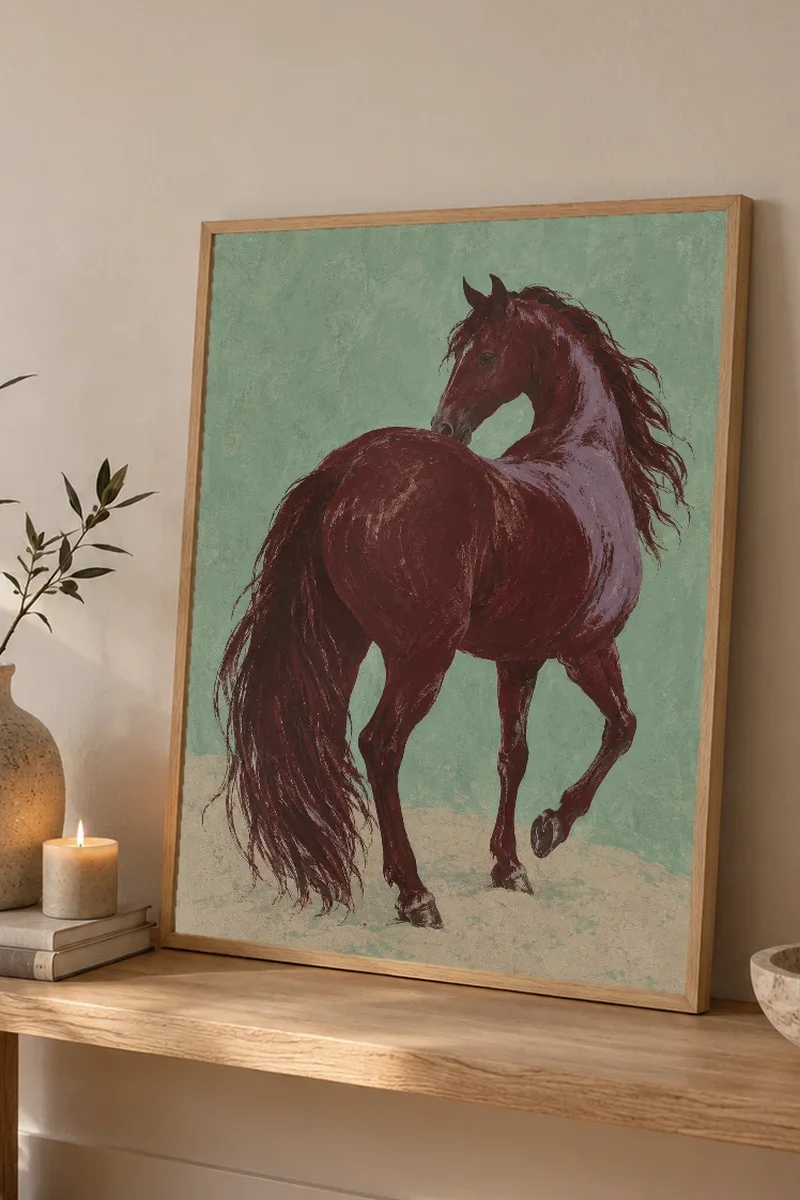 "Maroon Horse Looking Back" Premium Wooden Framed Poster - the graphic up close