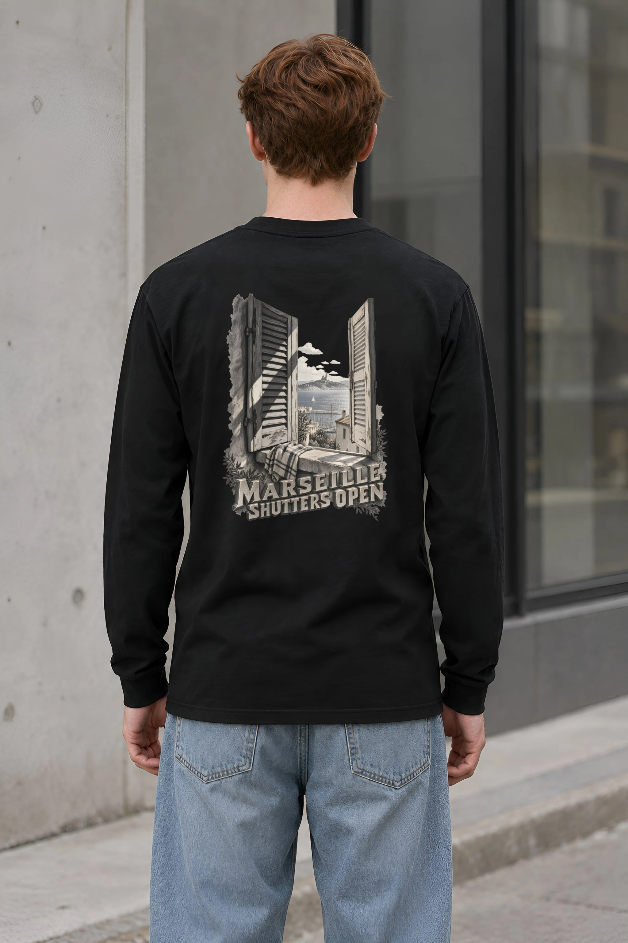 "Marseille, Shutters Open" Unisex Longsleeve T-shirt