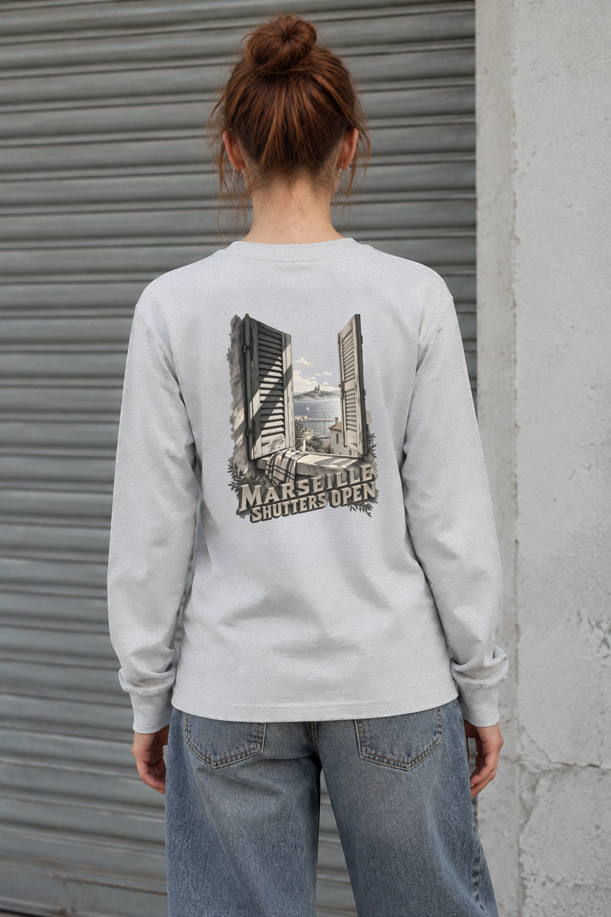 "Marseille, Shutters Open" Unisex Longsleeve T-shirt