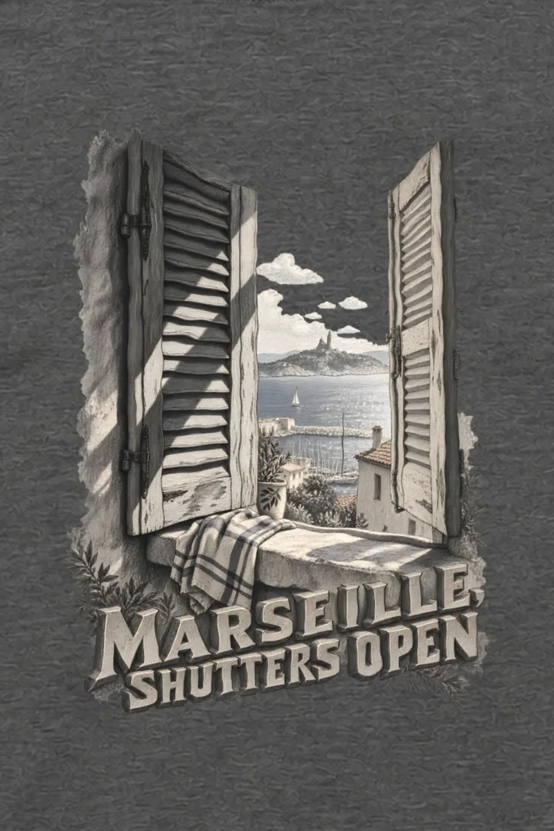 "Marseille, Shutters Open" Unisex Longsleeve T-shirt - the graphic up close