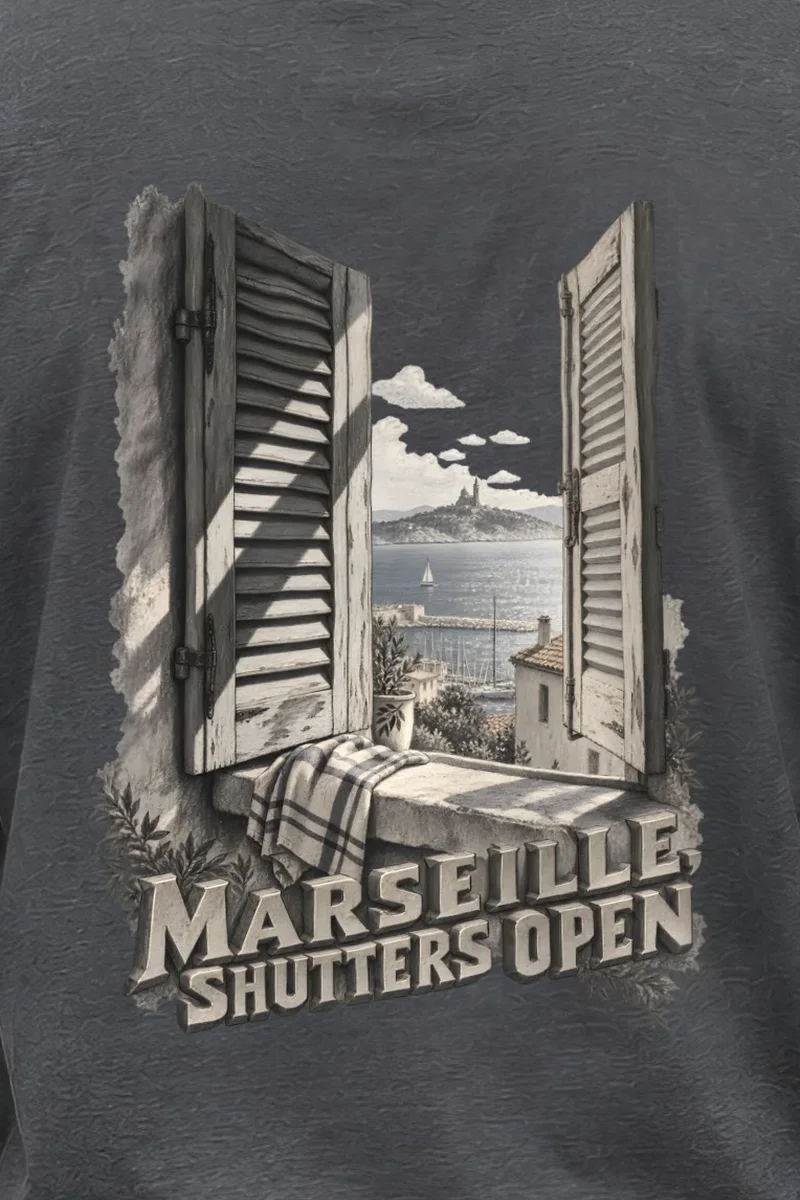 "Marseille, Shutters Open" Unisex Longsleeve T-shirt - the graphic up close