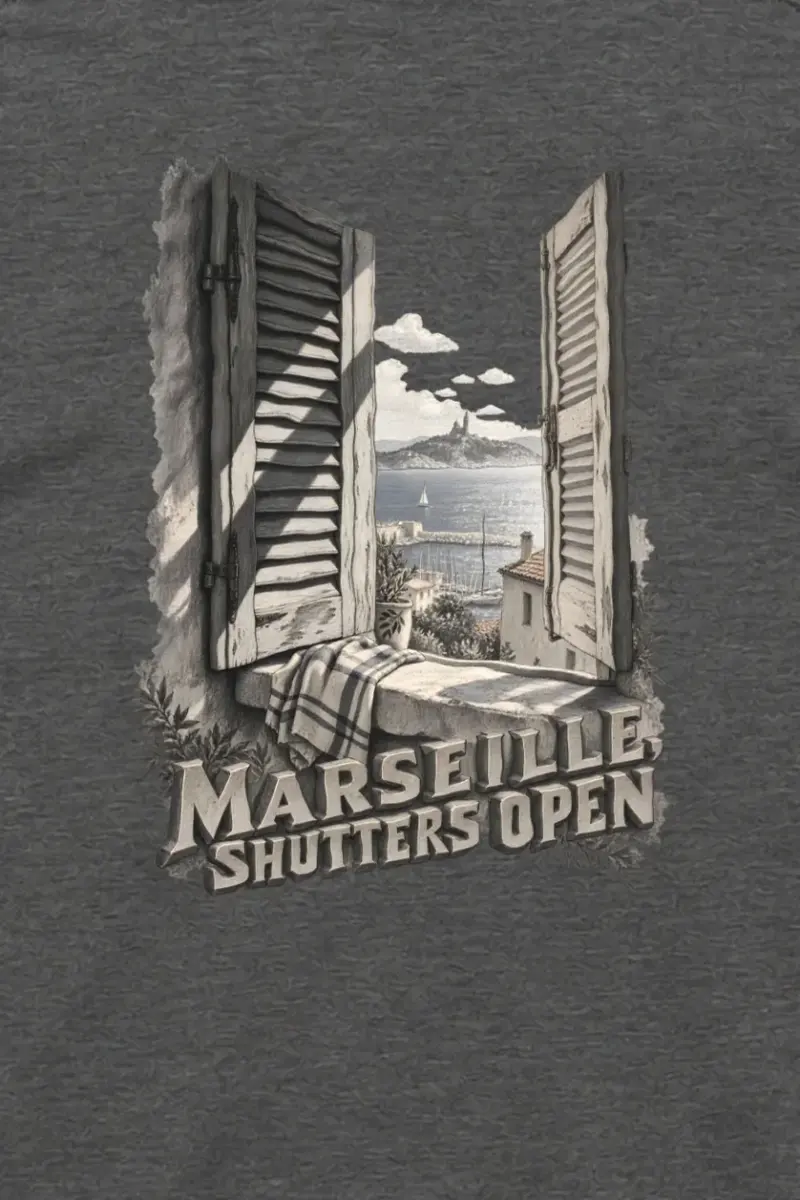 "Marseille, Shutters Open" Unisex Longsleeve T-shirt - the graphic up close