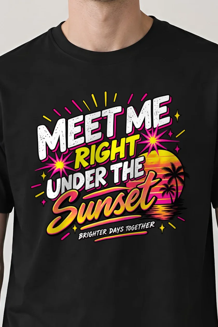 "Meet Me Under Sunset" Heavyweight Unisex Crewneck T-shirt - the graphic up close