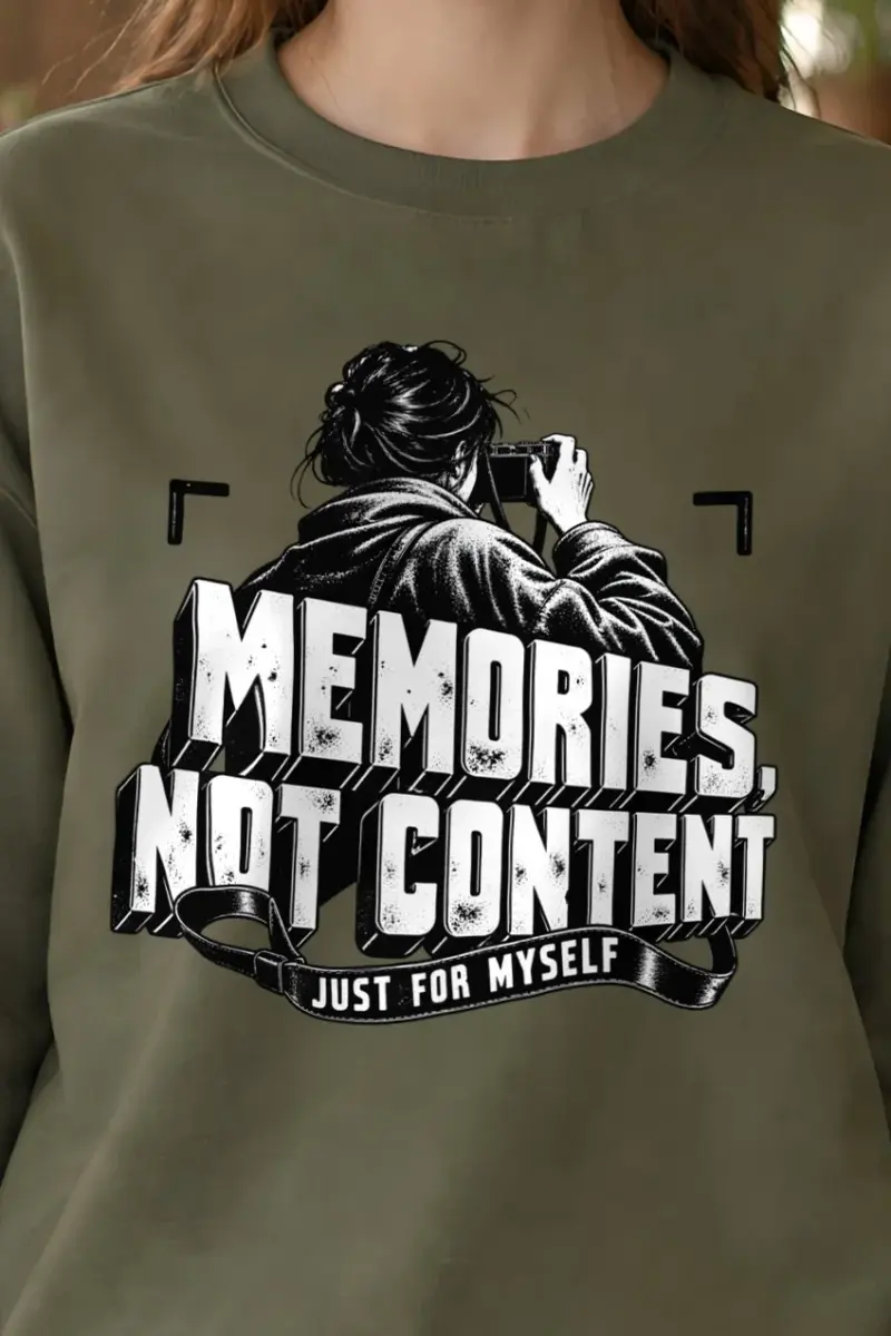 "MEMORIES, NOT CONTENT" Heavy Blend Unisex Crewneck Sweatshirt - the graphic up close