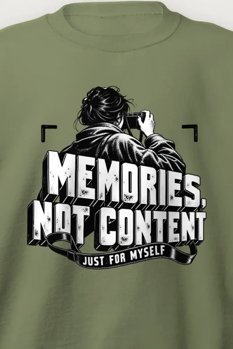 "MEMORIES, NOT CONTENT" Heavy Blend Unisex Crewneck Sweatshirt - the graphic up close