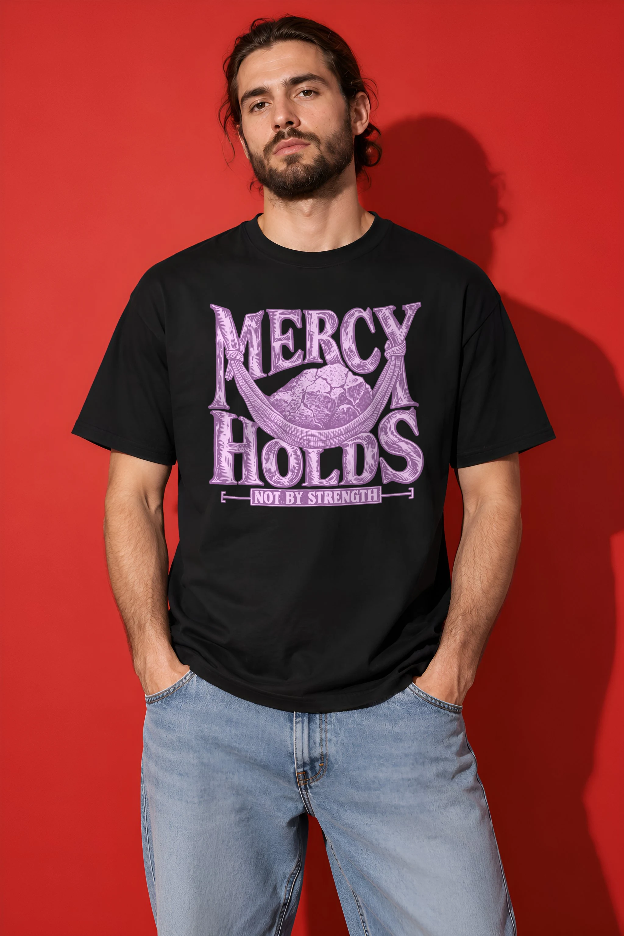 "Mercy Holds Not by Strength" Heavyweight Unisex Crewneck T-shirt
