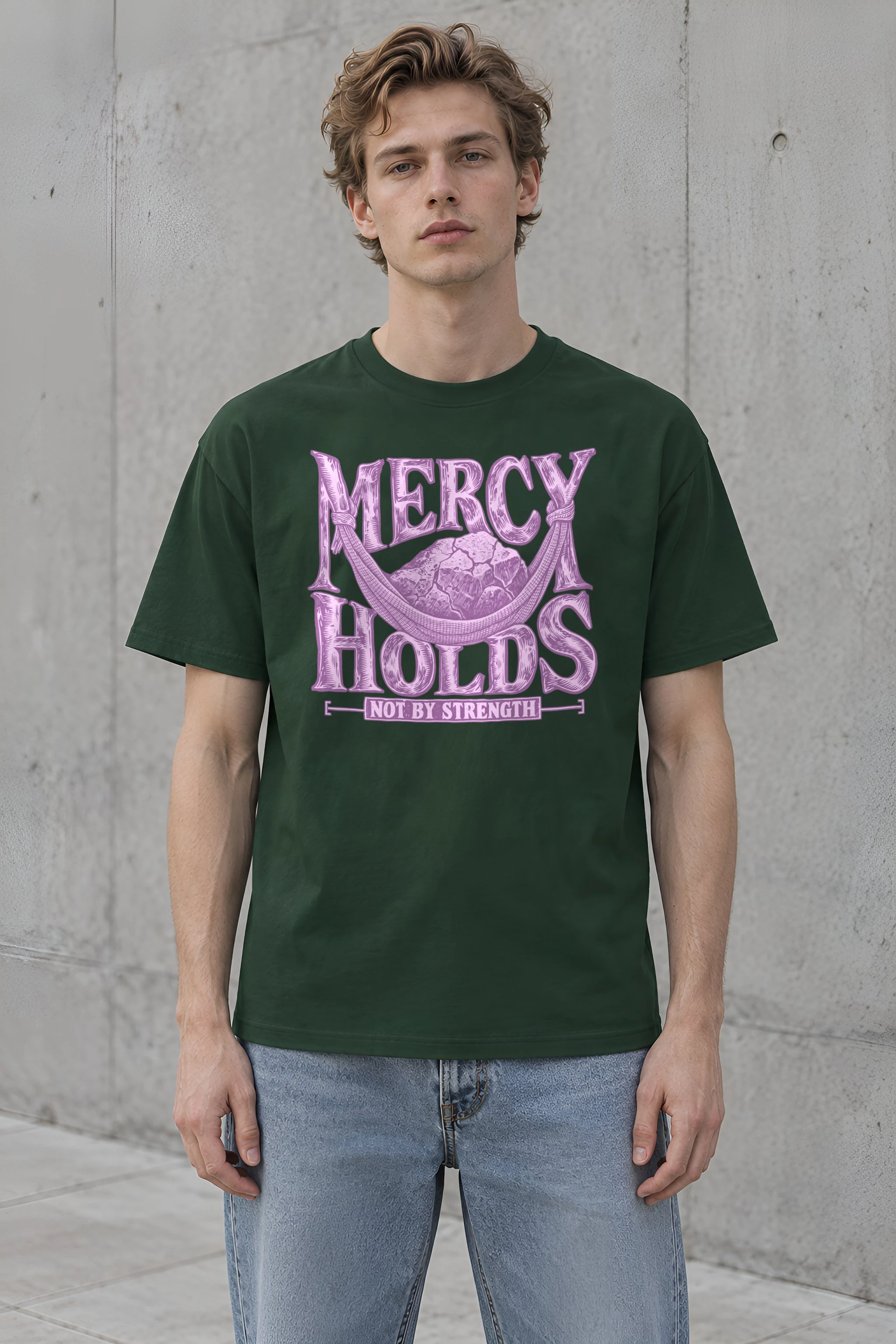 "Mercy Holds Not by Strength" Heavyweight Unisex Crewneck T-shirt